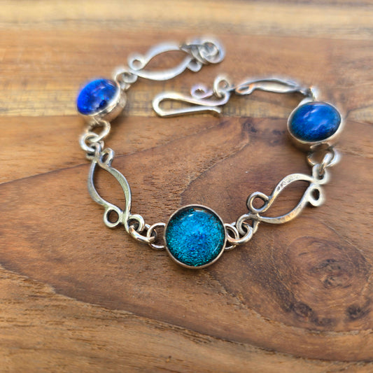 Blue Teal Dichroic Sterling Silver Windswept Link Bracelet