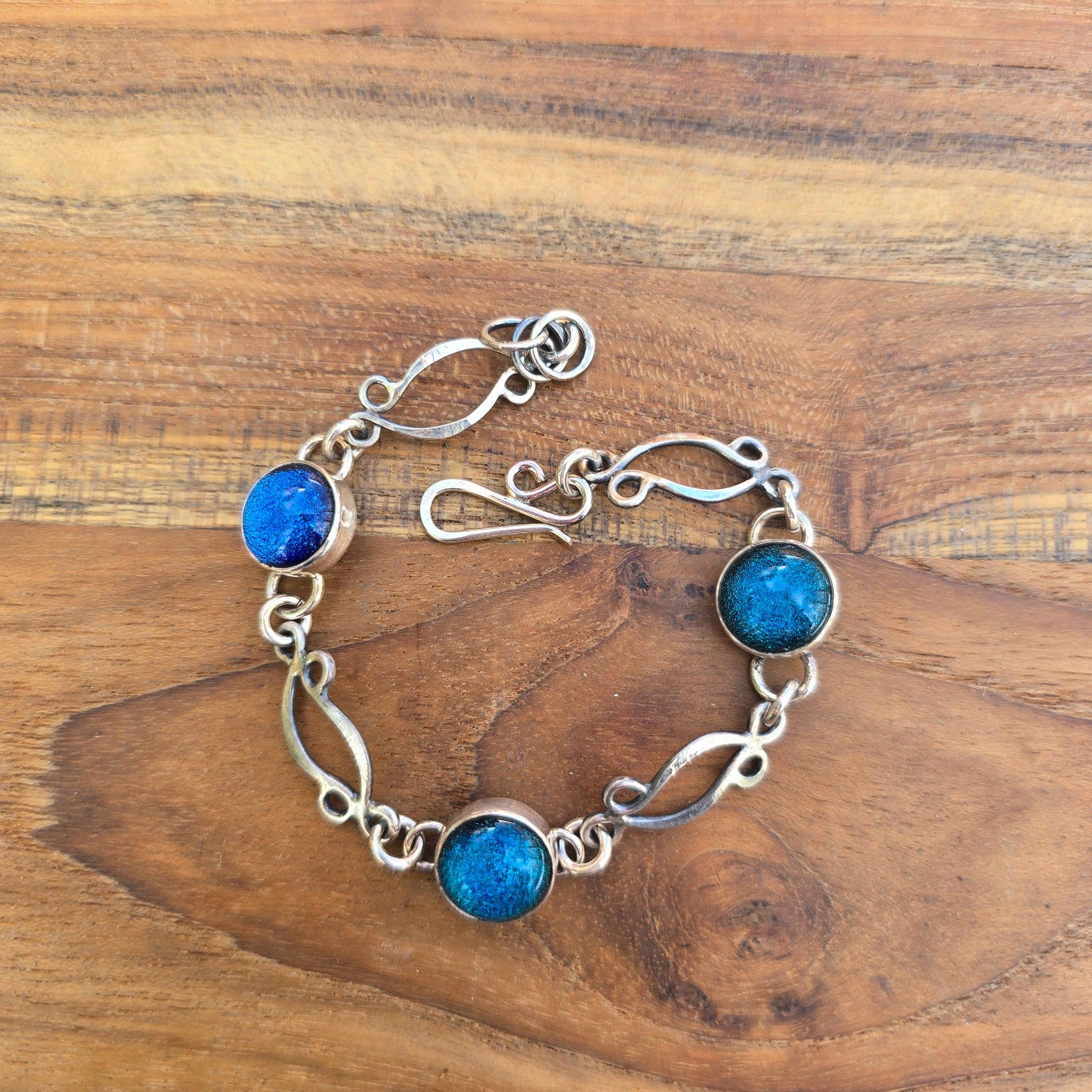 Blue Teal Dichroic Sterling Silver Windswept Link Bracelet