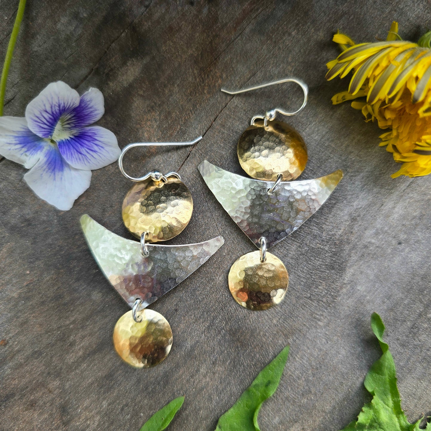 Sterling Silver and Brass Hand-Forged Geometric Dangle Earrings