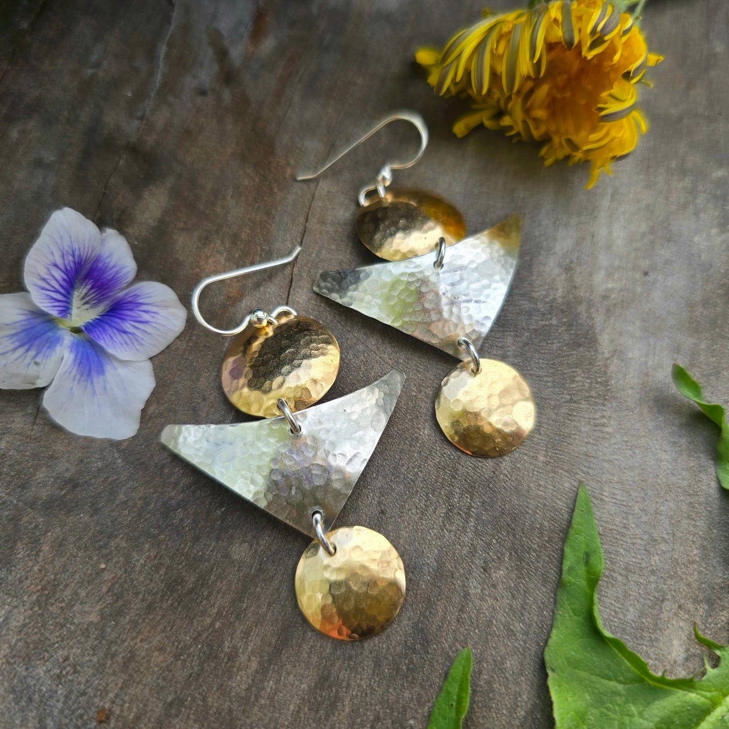 Sterling Silver and Brass Hand-Forged Geometric Dangle Earrings