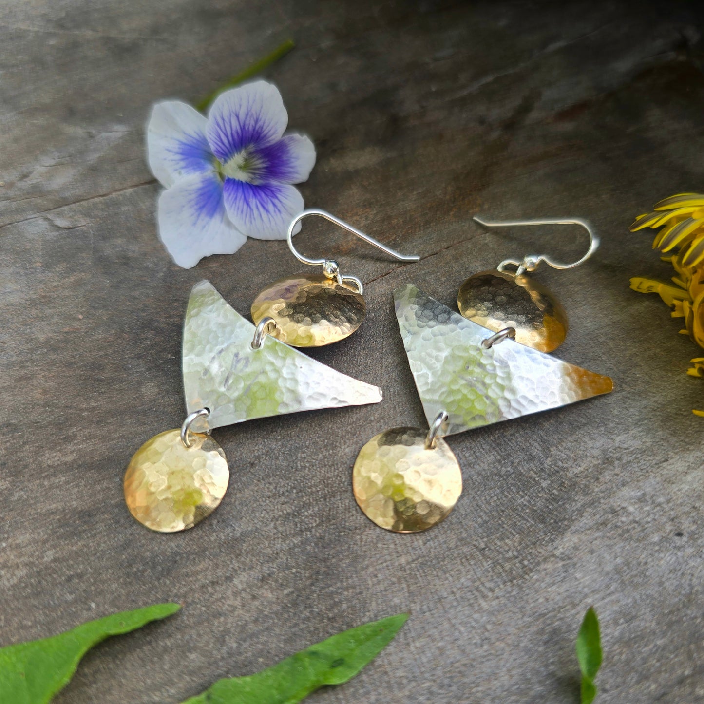 Sterling Silver and Brass Hand-Forged Geometric Dangle Earrings