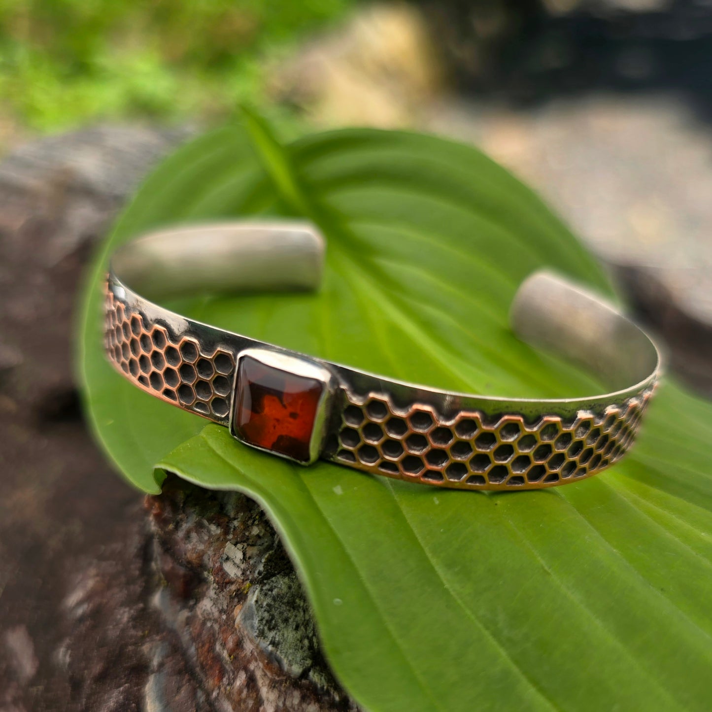 Hand-Forged Mixed Metal Honeycomb and Amber Sterling Silver Cuff Bracelet
