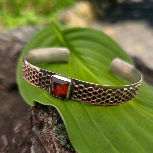 Hand-Forged Mixed Metal Honeycomb and Amber Sterling Silver Cuff Bracelet