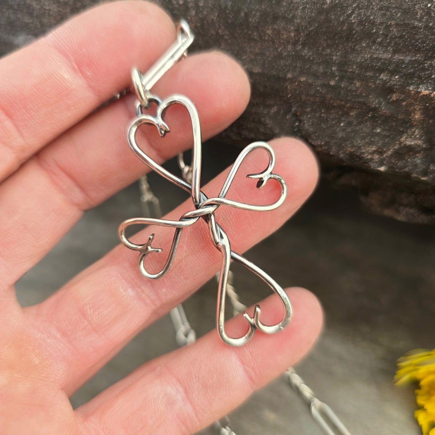 Heart Tipped Hand-Forged Sterling Silver Cross Pendant