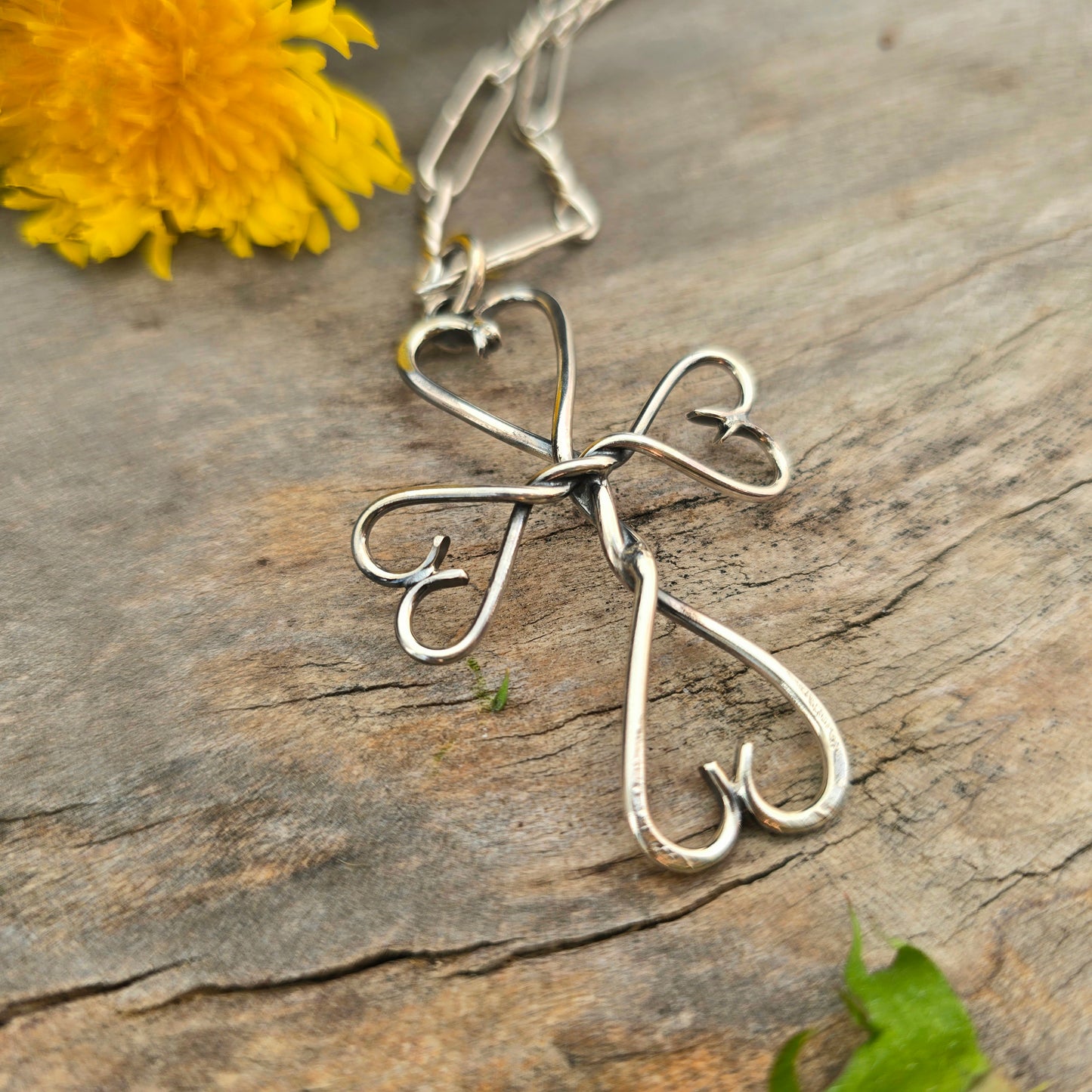 Heart Tipped Hand-Forged Sterling Silver Cross Pendant