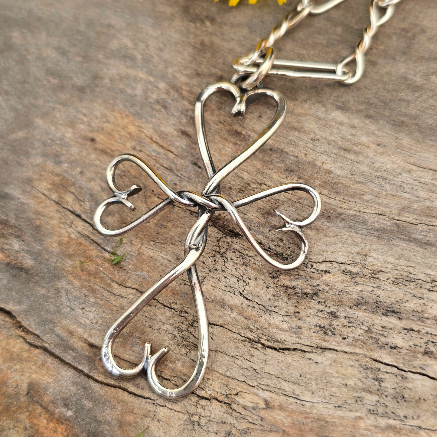 Heart Tipped Hand-Forged Sterling Silver Cross Pendant