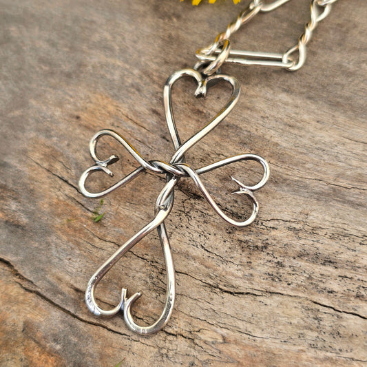 Heart Tipped Hand-Forged Sterling Silver Cross Pendant
