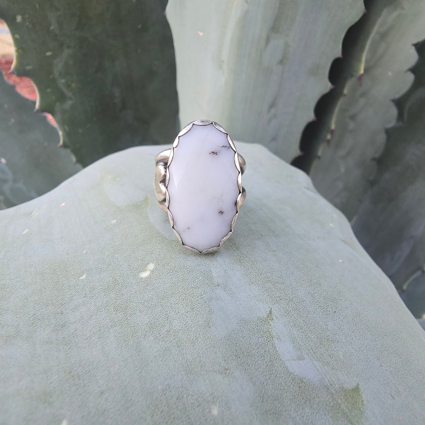 Sterling silver and white ring front view displayed in natural setting.