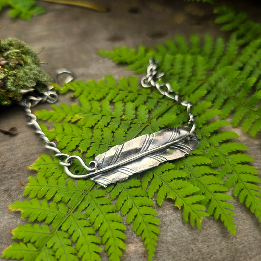 Hand-Forged Sterling Silver Feather Chain Link Bracelet / Custom Length