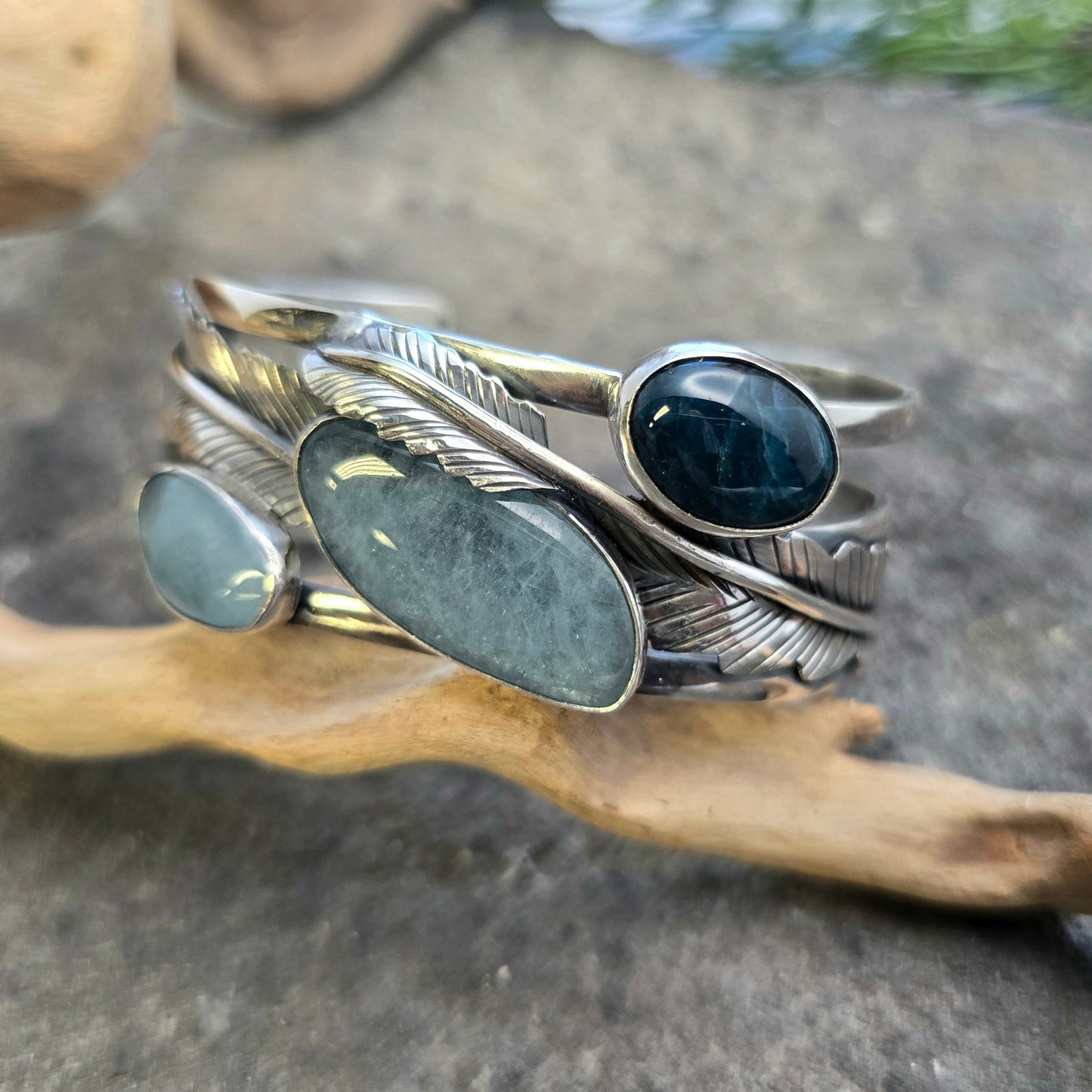 Feather Blues Statement Cuff in Sterling Silver