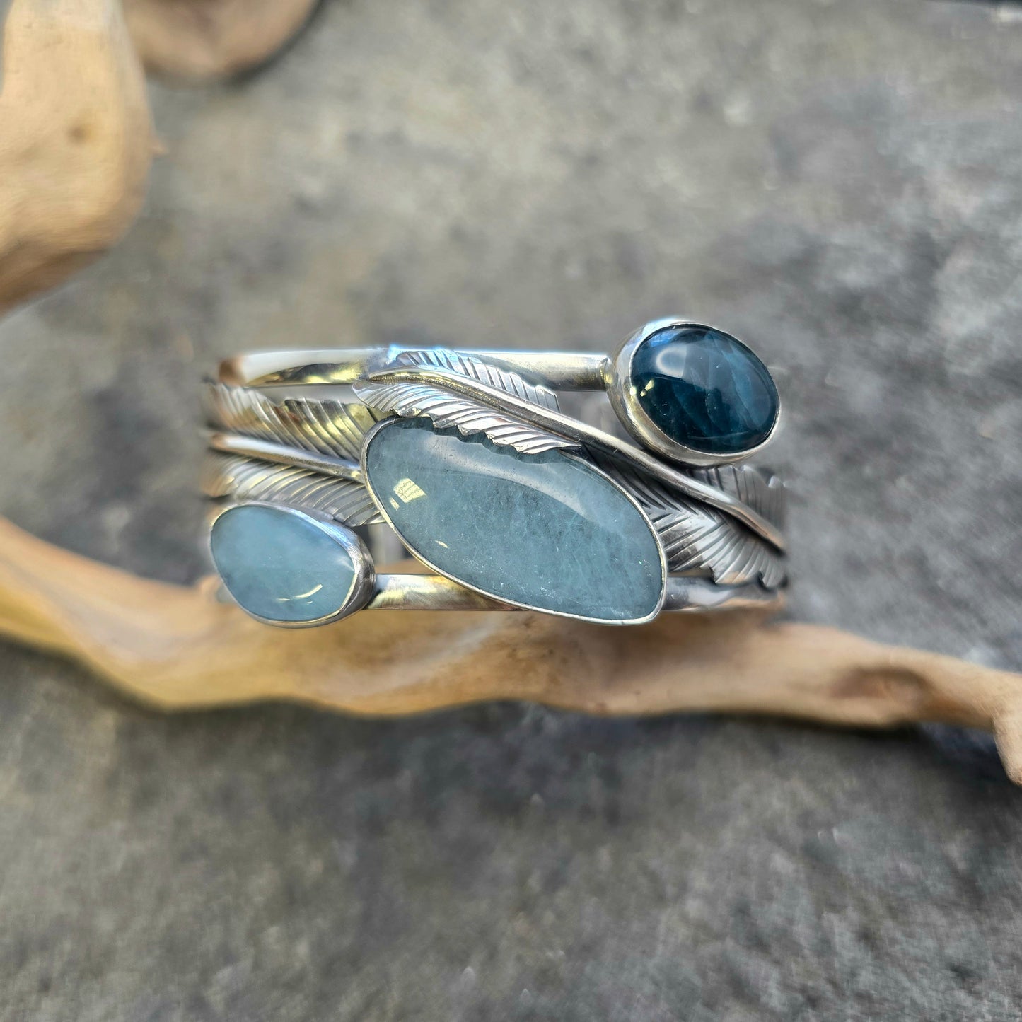 Feather Blues Statement Cuff in Sterling Silver