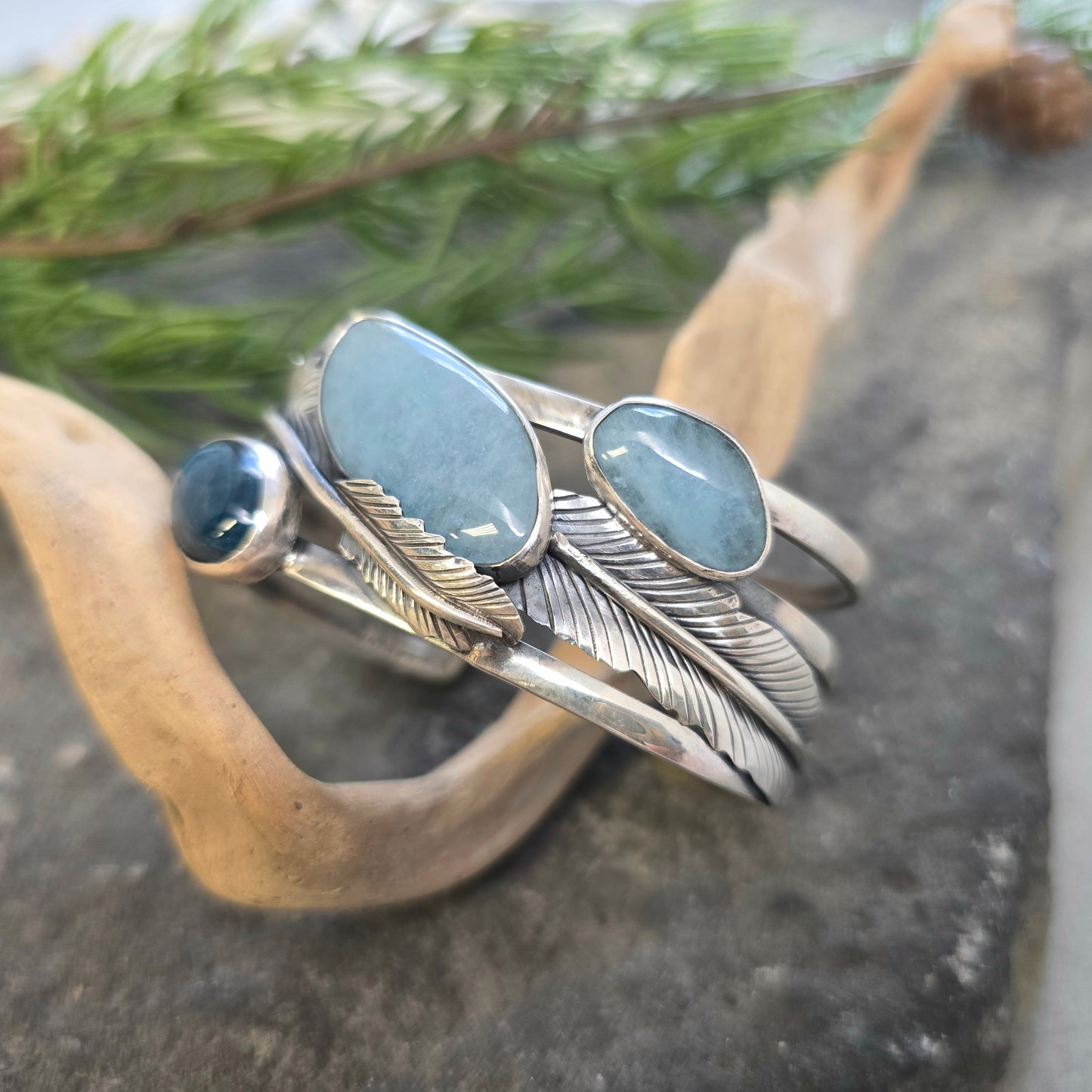 Feather Blues Statement Cuff in Sterling Silver
