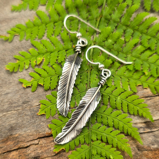 Hand-Forged Sterling Silver Feather Drop Earrings