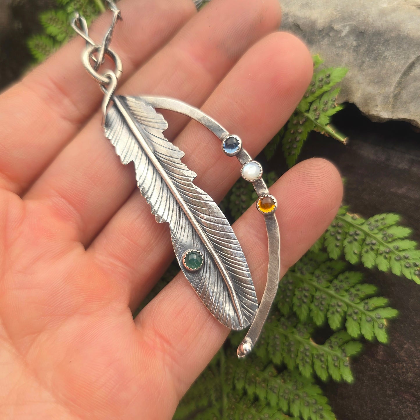 Multi-Stone Feather Hand-Forged Sterling Silver Pendant