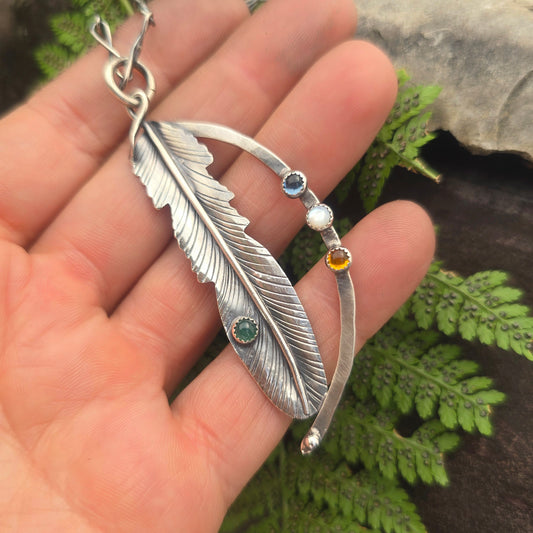 Multi-Stone Feather Hand-Forged Sterling Silver Pendant