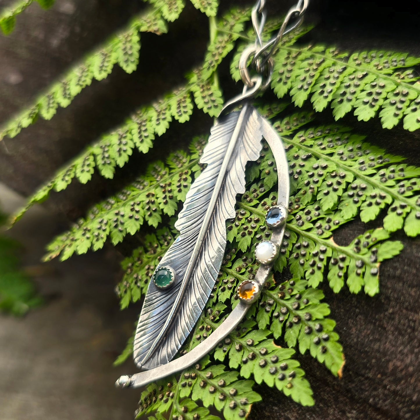 Multi-Stone Feather Hand-Forged Sterling Silver Pendant