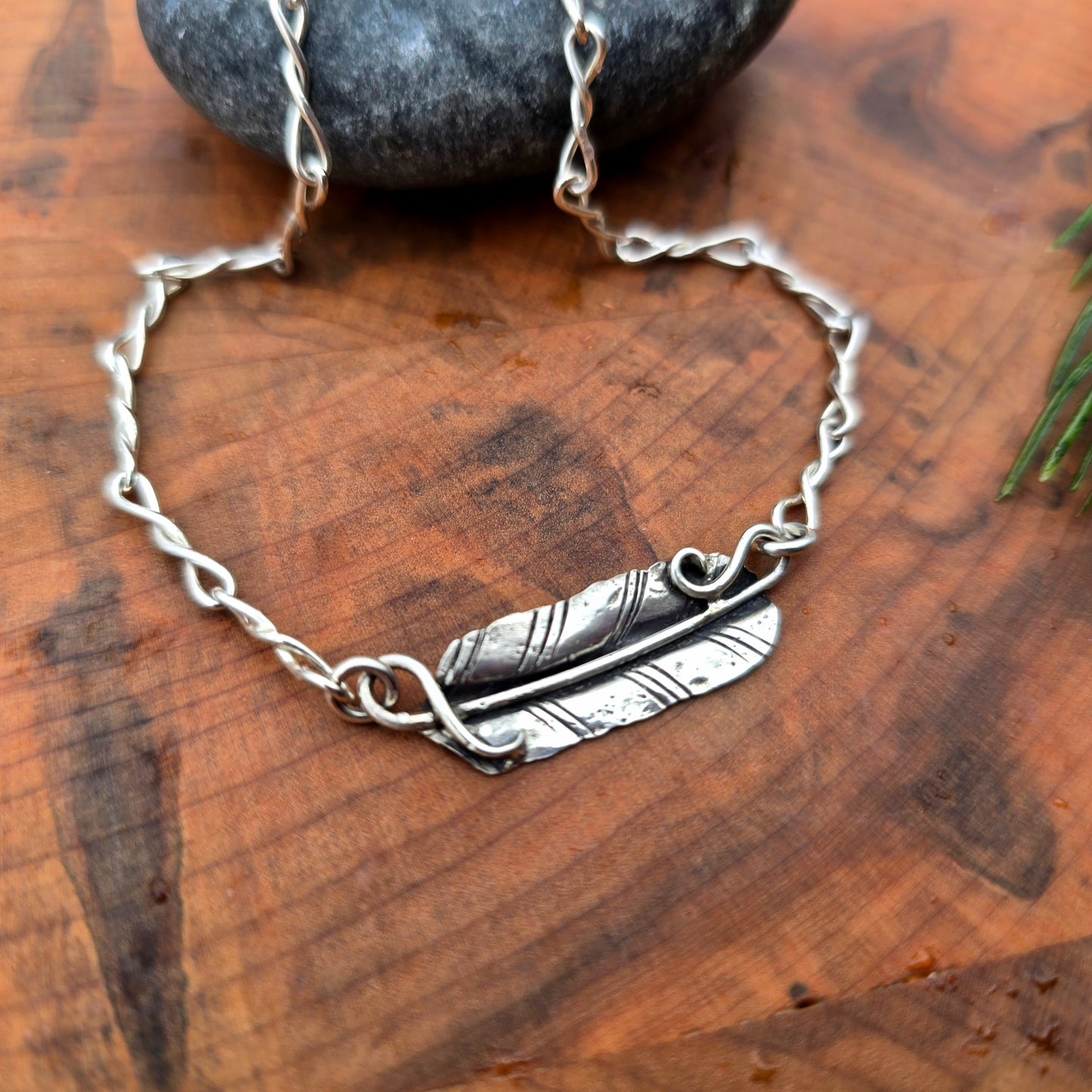 Sterling silver feather short chain necklace detail