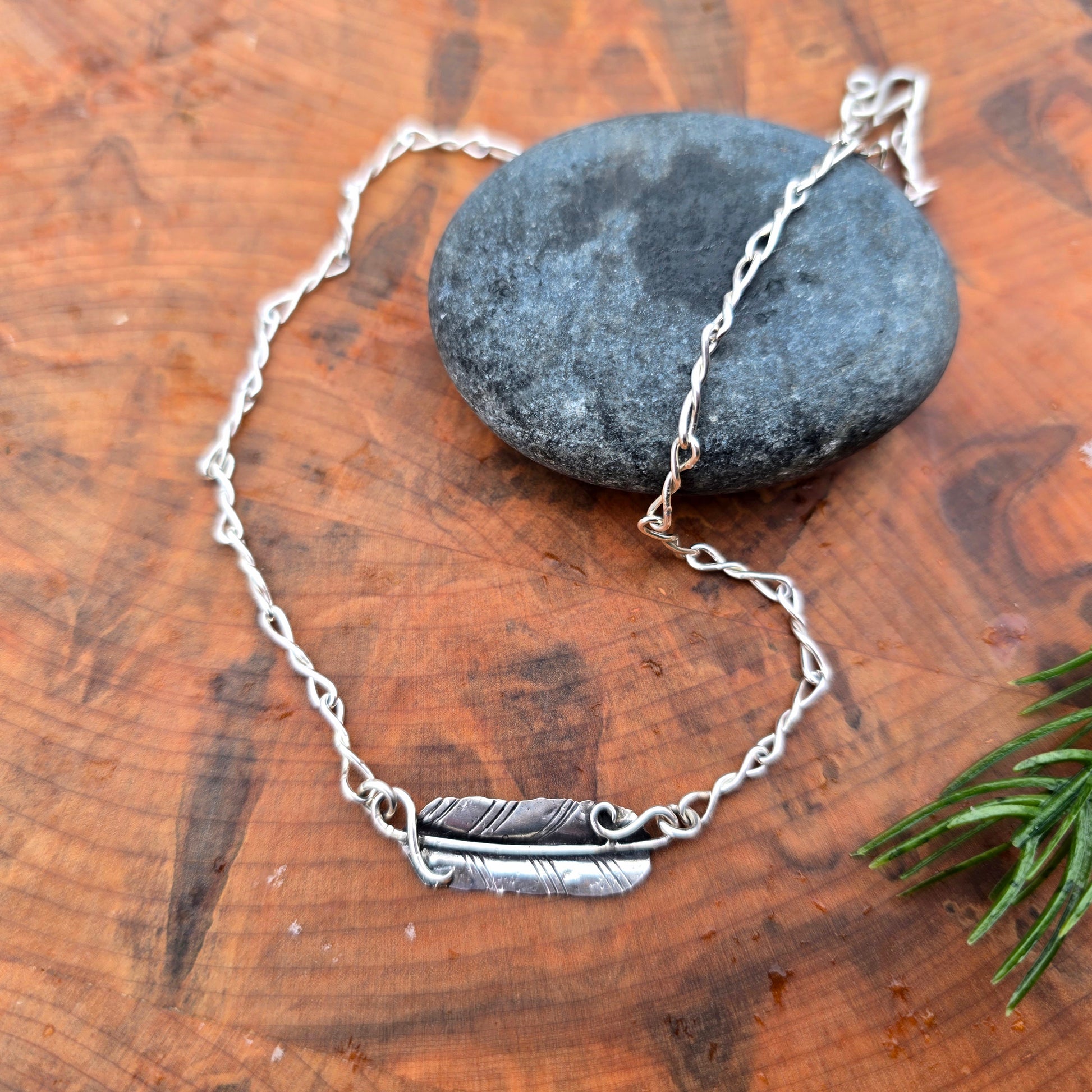 Sterling silver feather short chain necklace