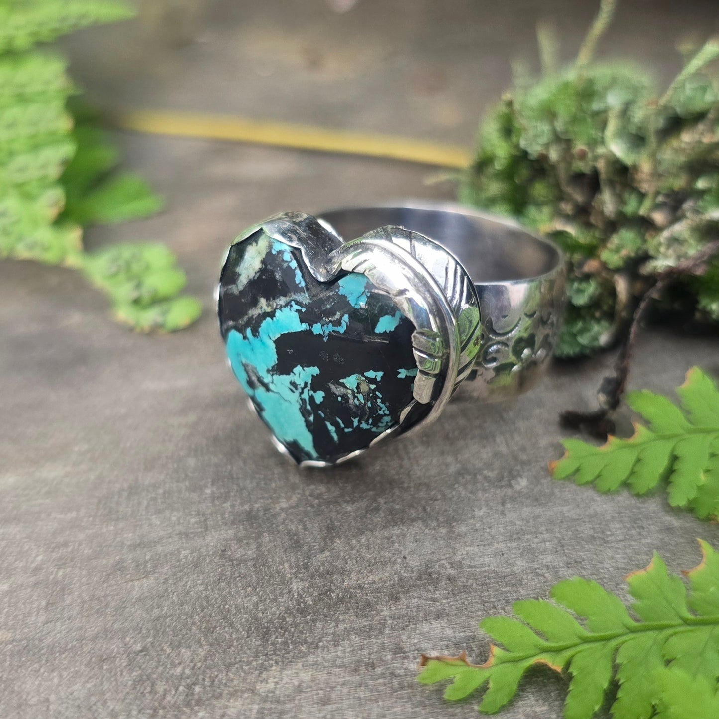 Heart Turquoise Feather Hand-Forged Sterling Silver Ring