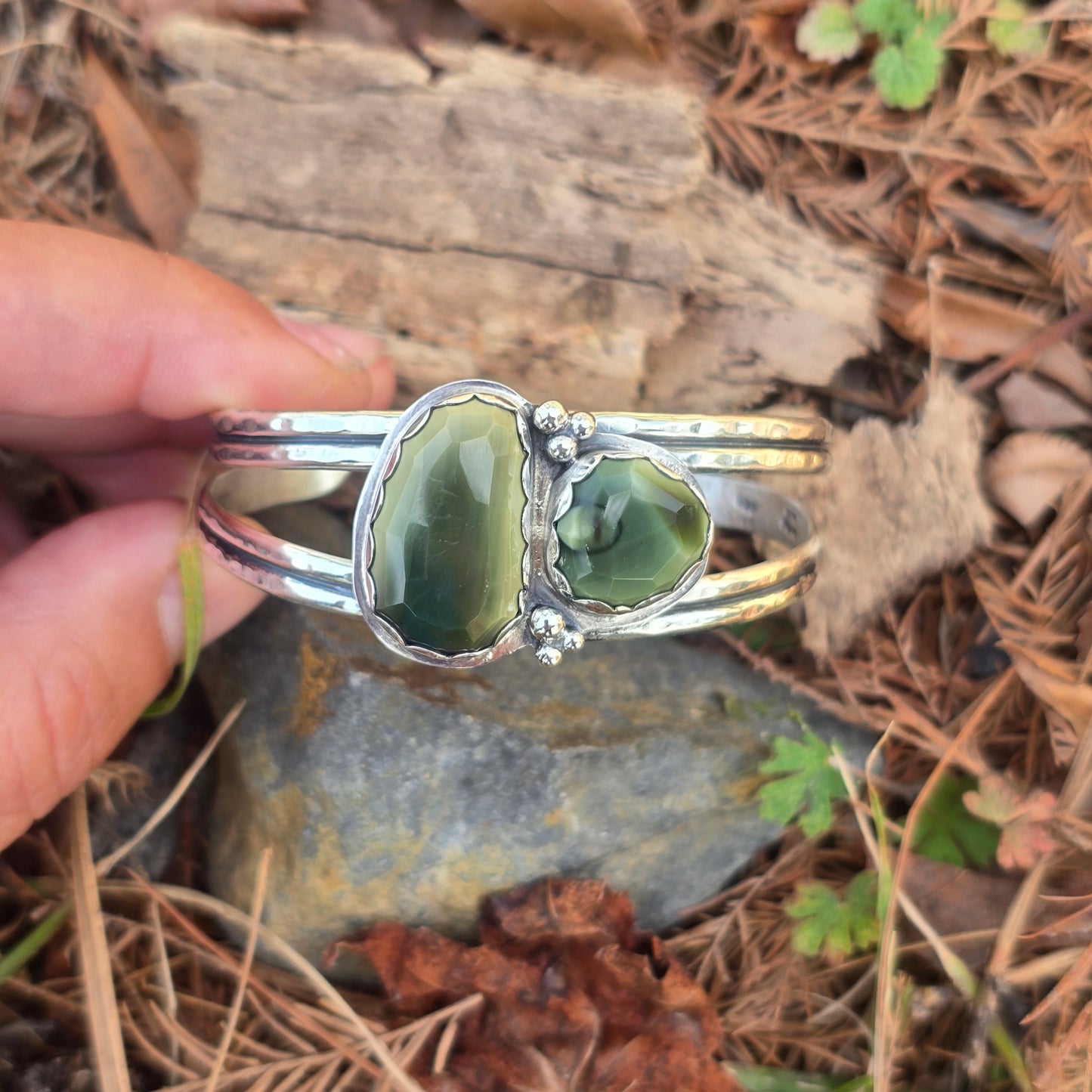 One-of-a-Kind Faceted Green Imperial Jasper Cuff — Bench-Forged Sterling Silver