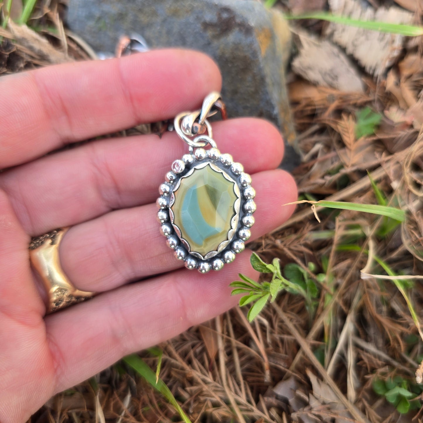 Big Bead Green Imperial Jasper Pendant in Hand-Forged Sterling Silver