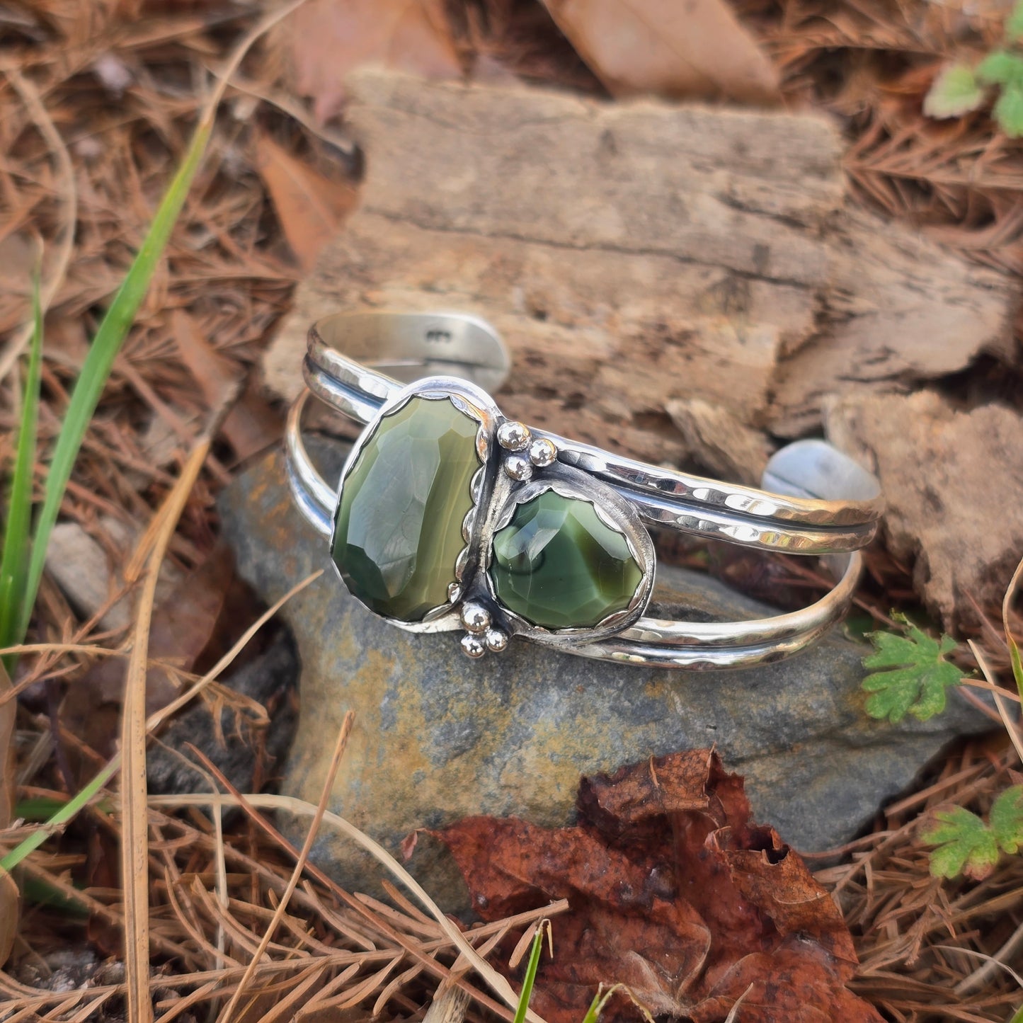 One-of-a-Kind Faceted Green Imperial Jasper Cuff — Bench-Forged Sterling Silver