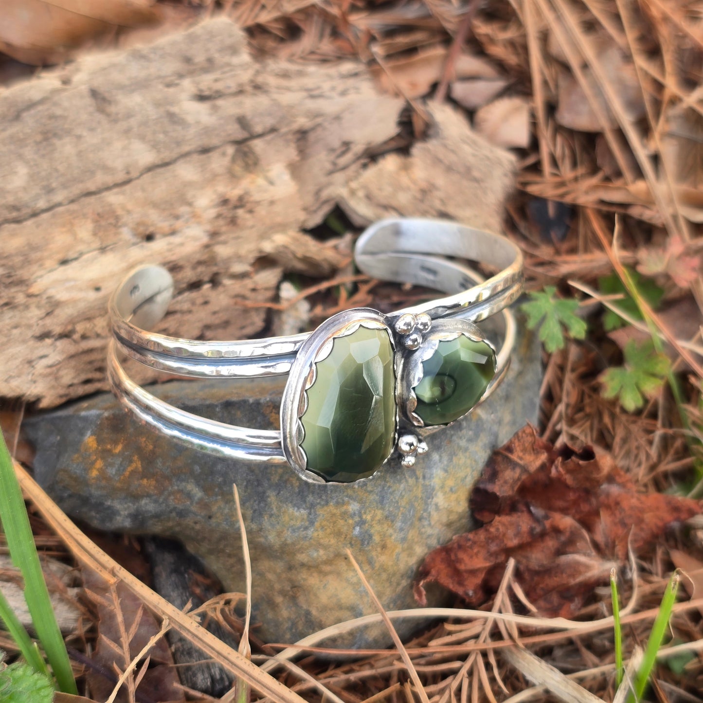 One-of-a-Kind Faceted Green Imperial Jasper Cuff — Bench-Forged Sterling Silver