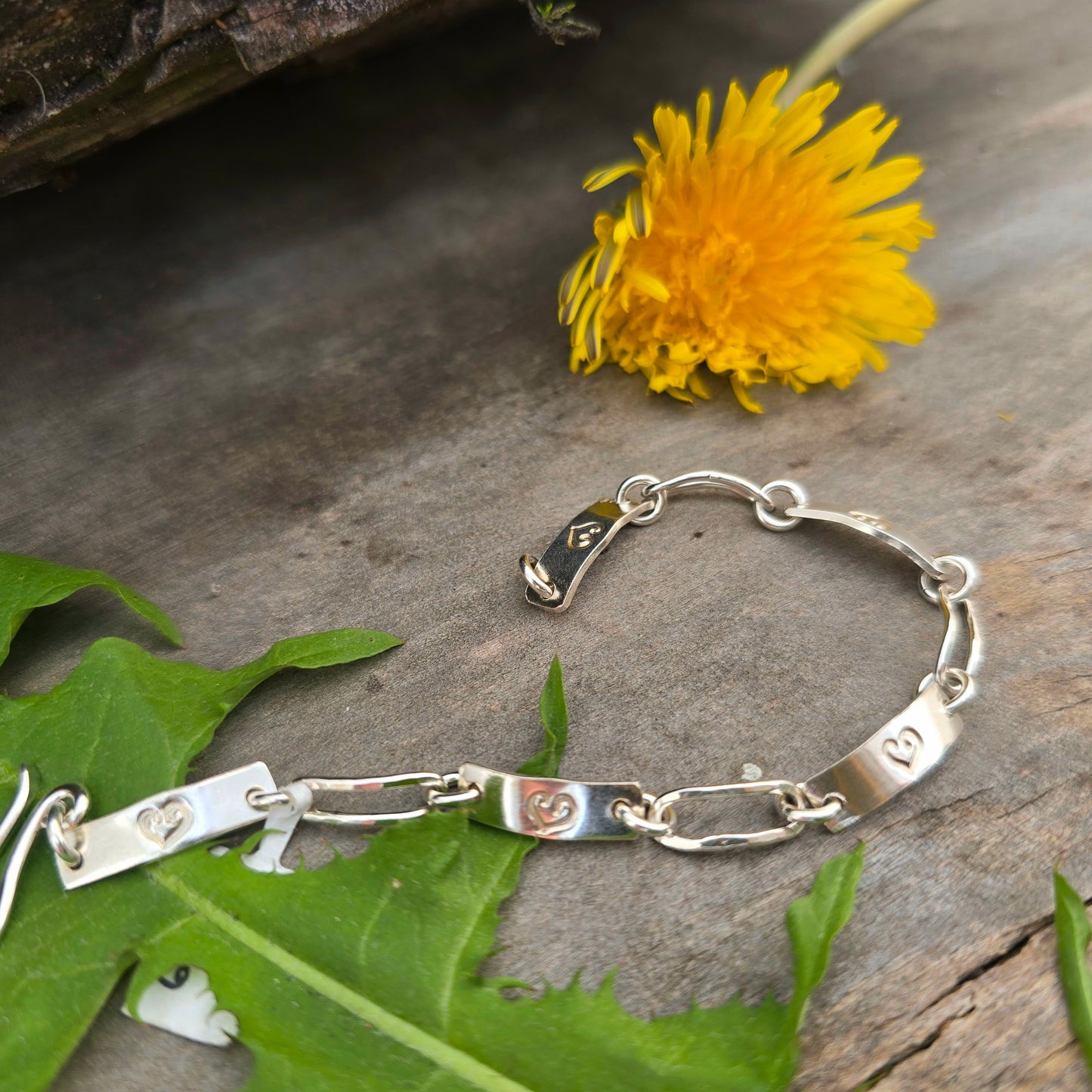 Heart Stamped Hand-Forged Sterling Silver Bar Bracelet