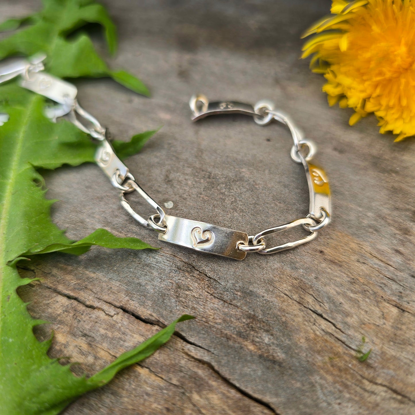 Heart Stamped Hand-Forged Sterling Silver Bar Bracelet