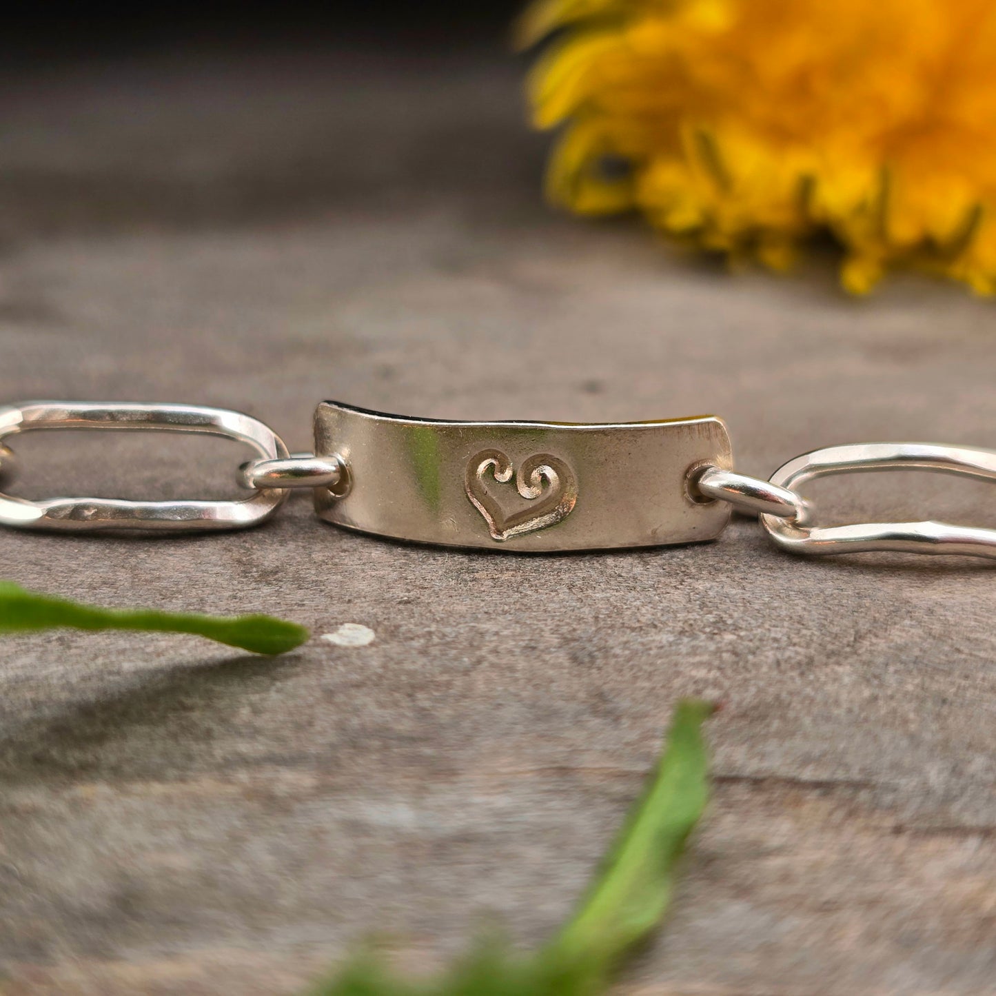 Heart Stamped Hand-Forged Sterling Silver Bar Bracelet