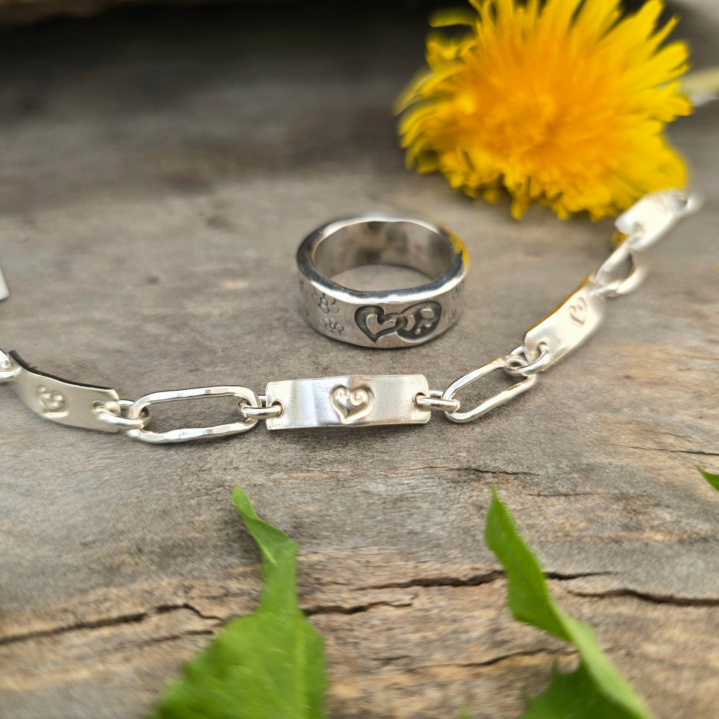 Heart Stamped Hand-Forged Sterling Silver Bar Bracelet