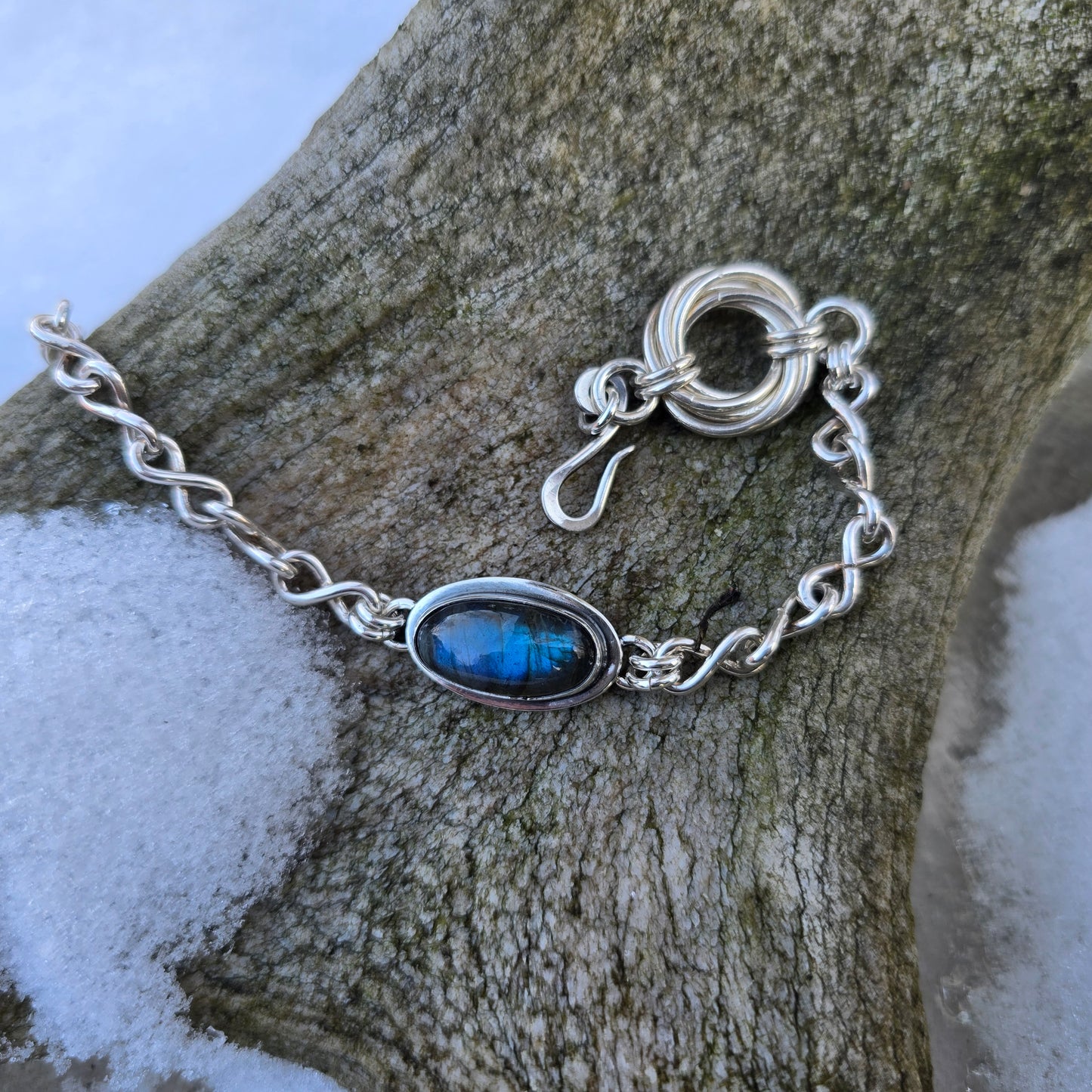sterling silver bracelet with infinity links and blue flash labradorite