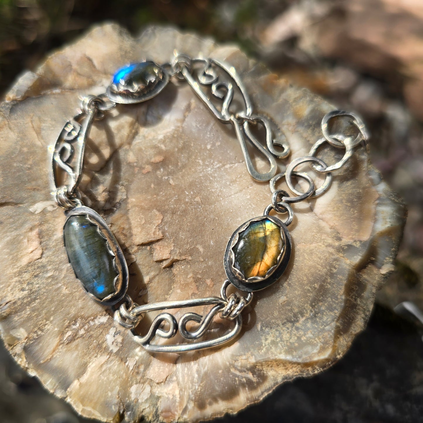 Blue Flash Labradorite Chain Link Bracelet — One-of-a-Kind Bench-Forged Sterling Silver