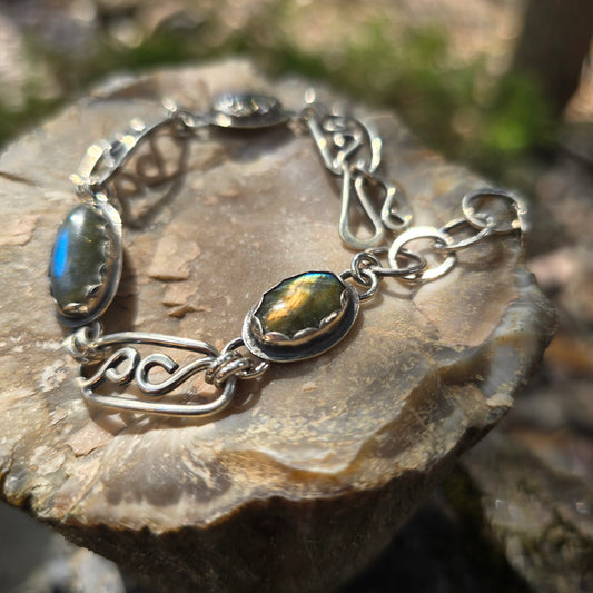Blue Flash Labradorite Chain Link Bracelet — One-of-a-Kind Bench-Forged Sterling Silver