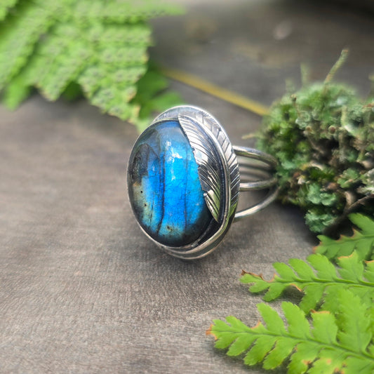 Blue Labradorite & Feather Ring (One of a Kind) — Size 11