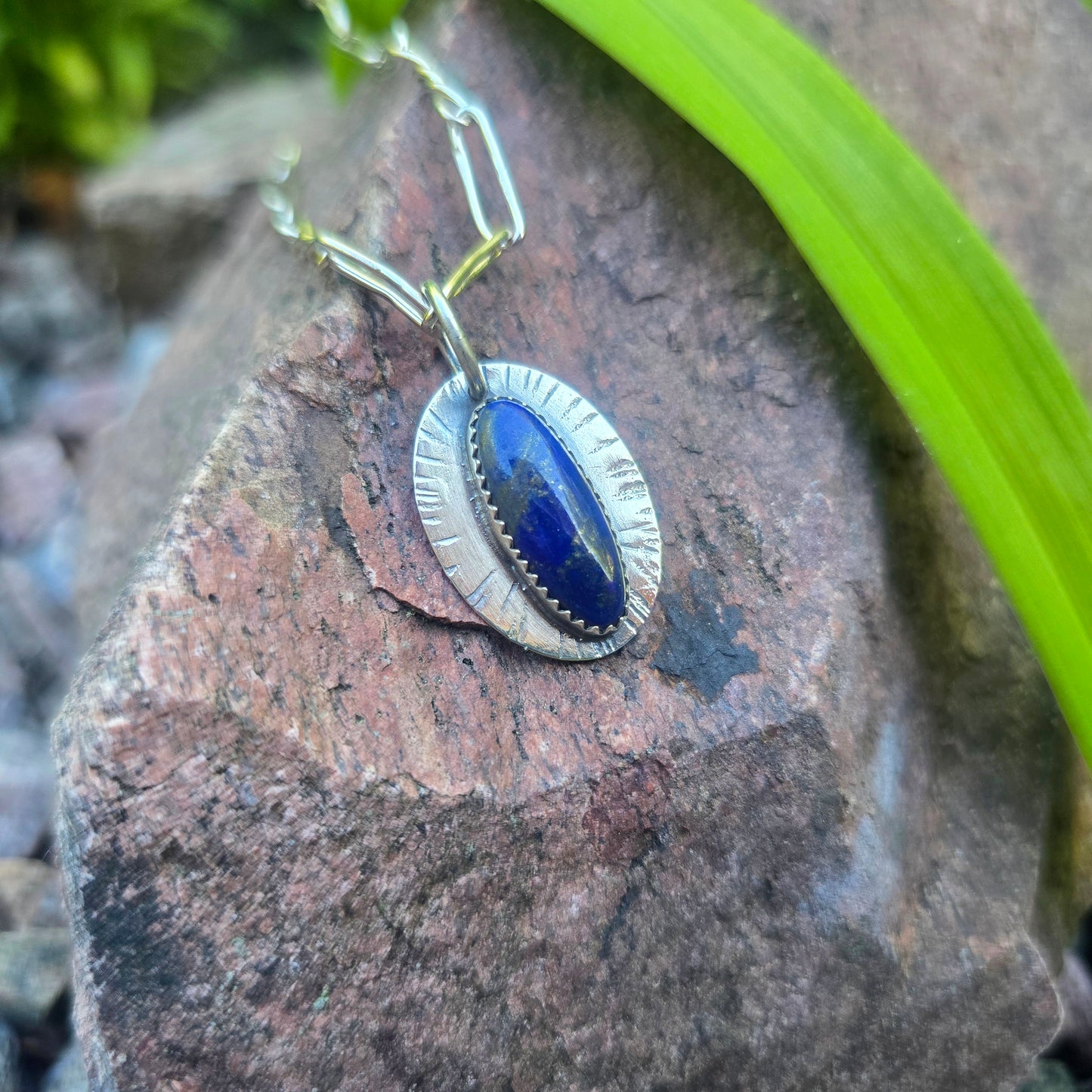 Lapis Sun Rays Hand-Forged Sterling Silver Pendant