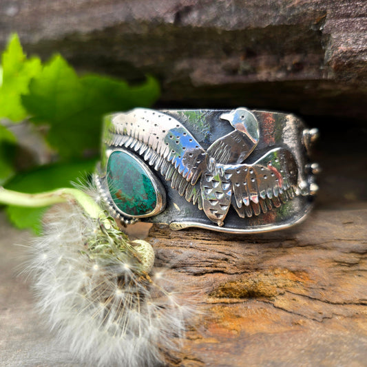 One-of-a-Kind Hand-Forged Sterling Silver Loon Cuff Bracelet with Green Azurite