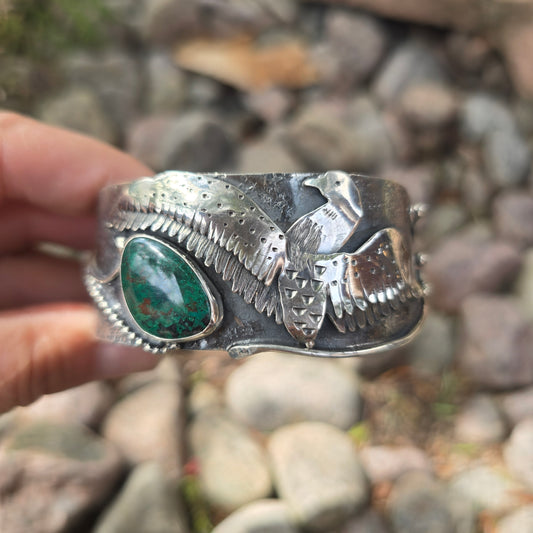One-of-a-Kind Hand-Forged Sterling Silver Loon Cuff Bracelet with Green Azurite