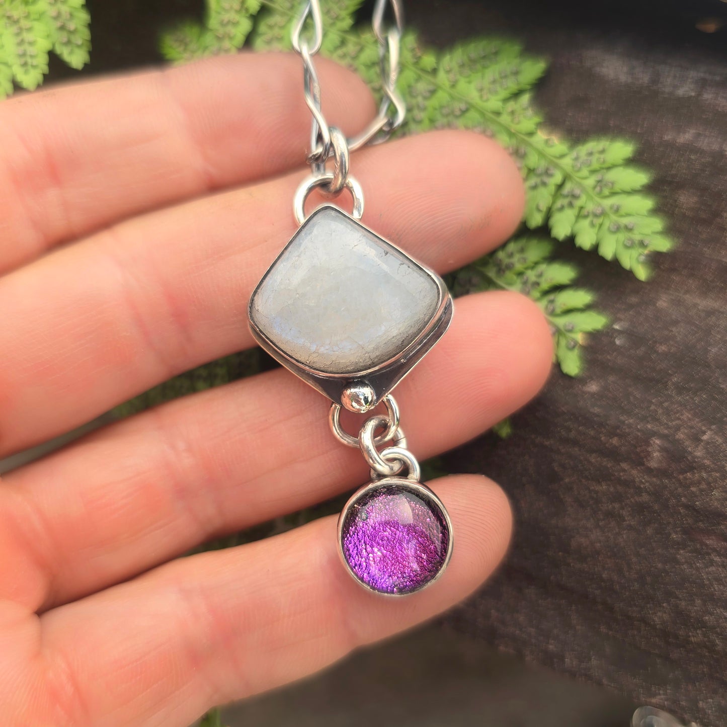 Moonstone & Pink Dichroic Hand-Forged Sterling Silver Pendant