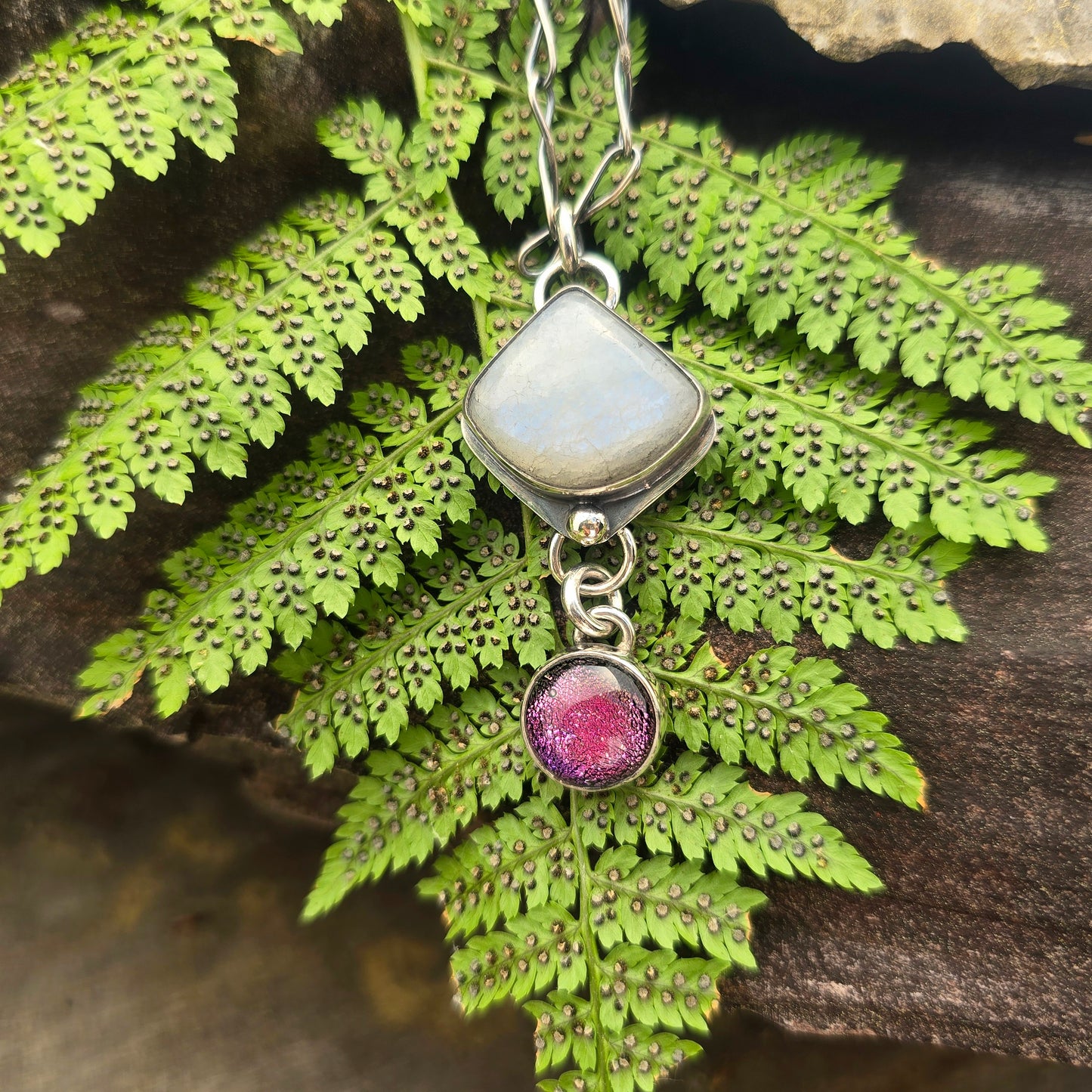Moonstone & Pink Dichroic Hand-Forged Sterling Silver Pendant
