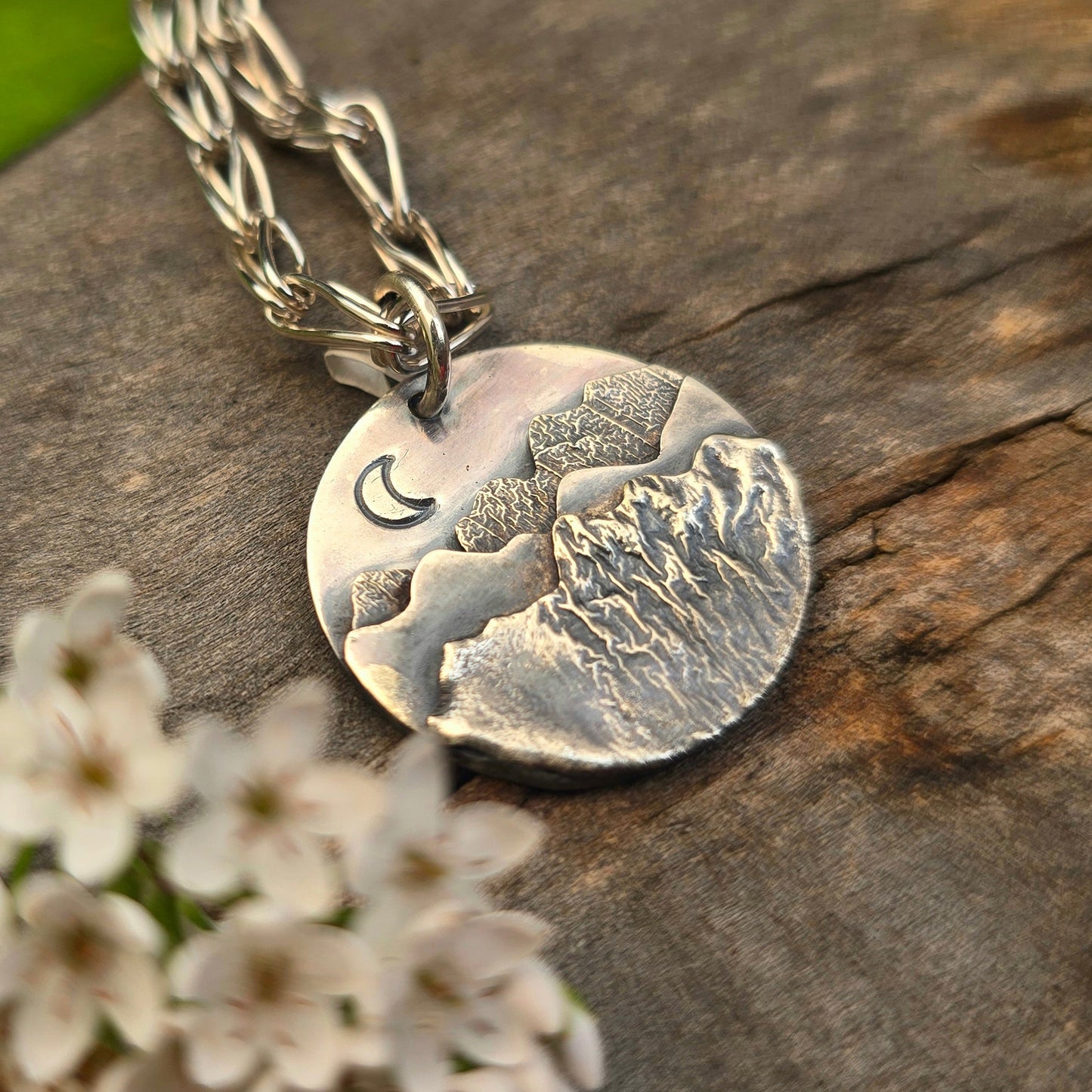 Moon & Mountain Scene Hand-Forged Sterling Silver Pendant