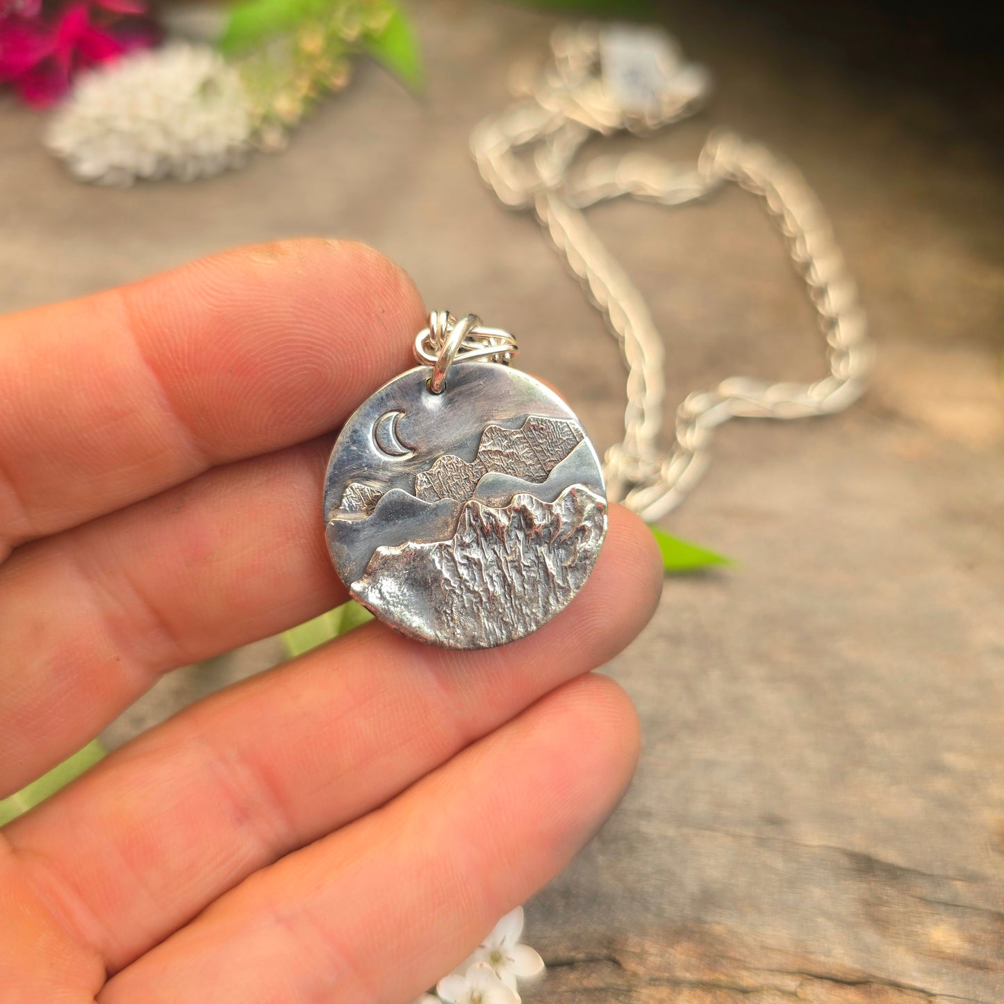 Moon & Mountain Scene Hand-Forged Sterling Silver Pendant
