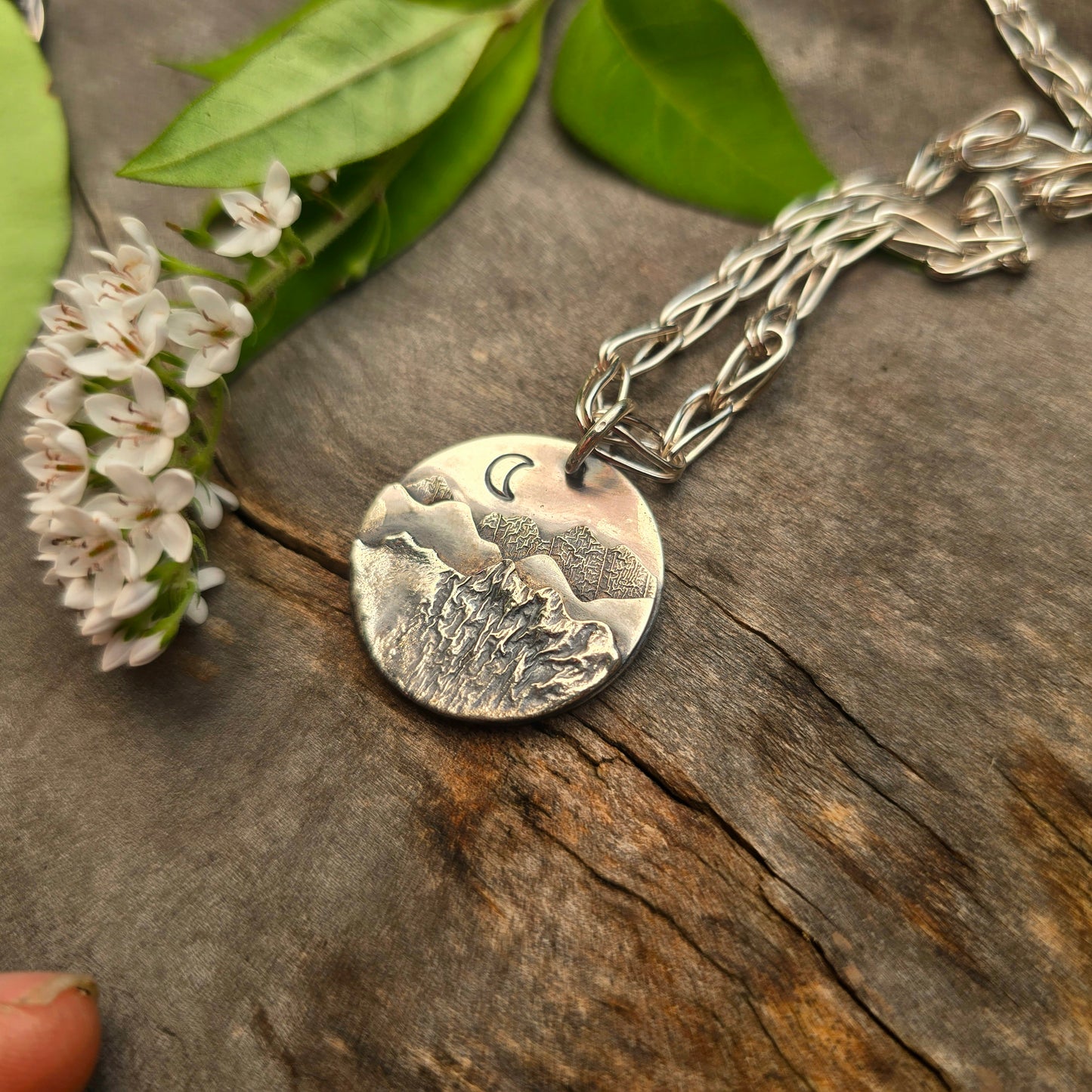 Moon & Mountain Scene Hand-Forged Sterling Silver Pendant