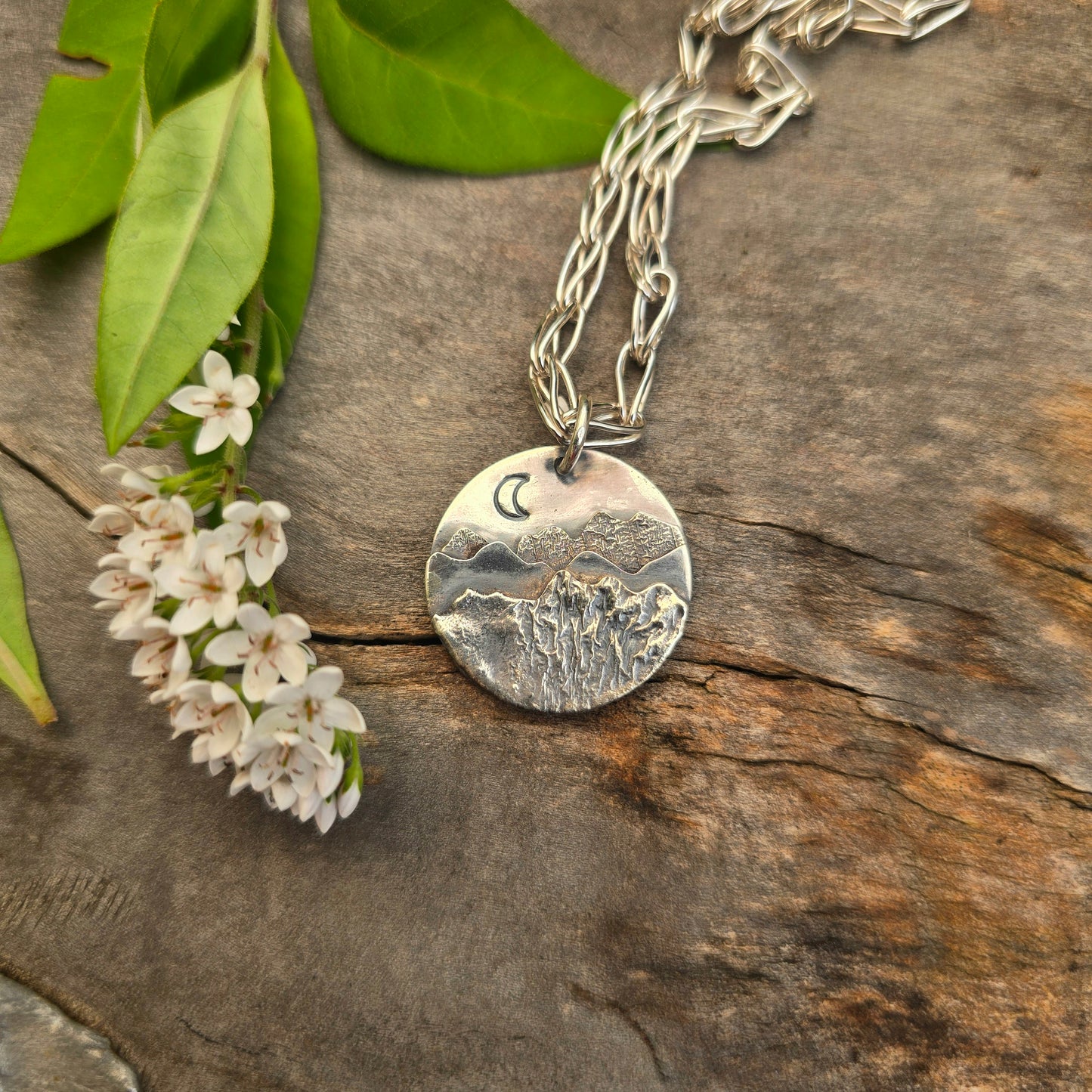 Moon & Mountain Scene Hand-Forged Sterling Silver Pendant