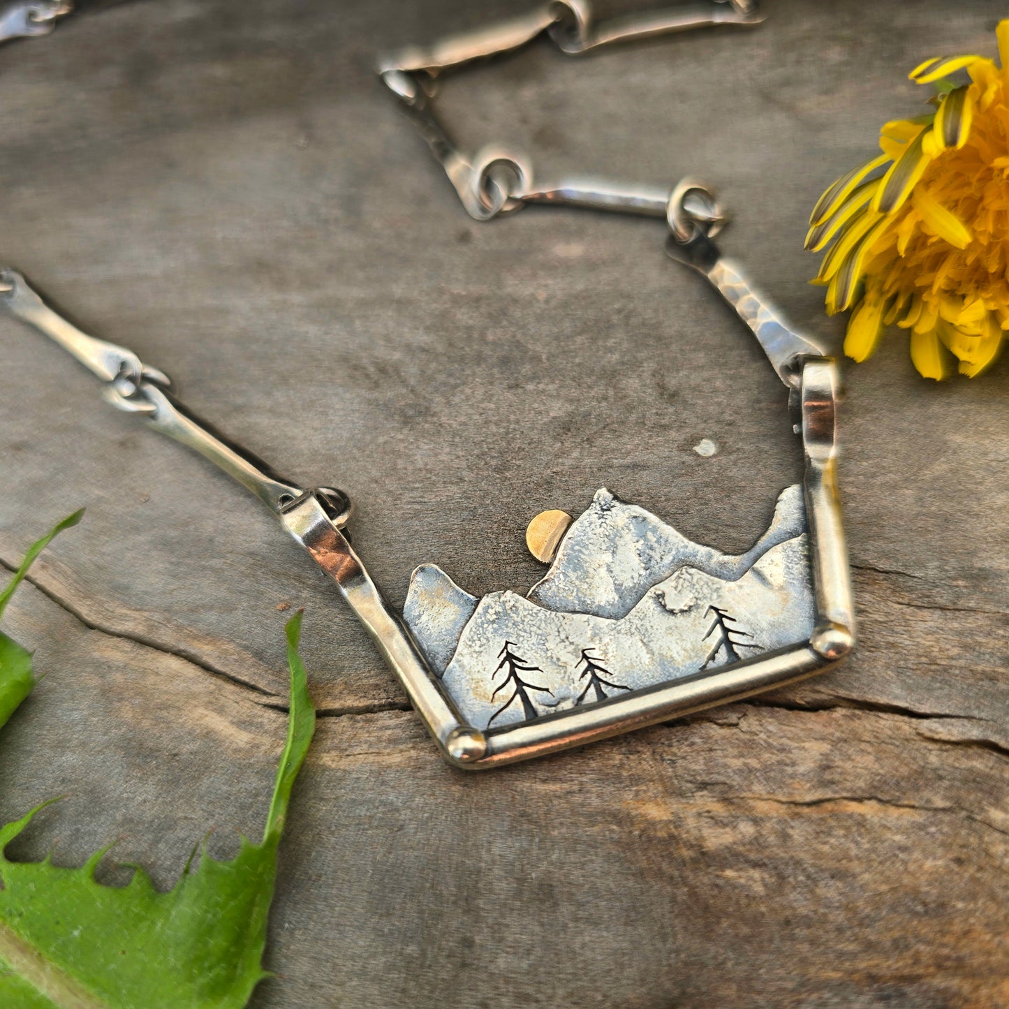 Mountain Scene Statement Necklace — Hand-Forged Sterling Silver & 10K Gold Masterwork