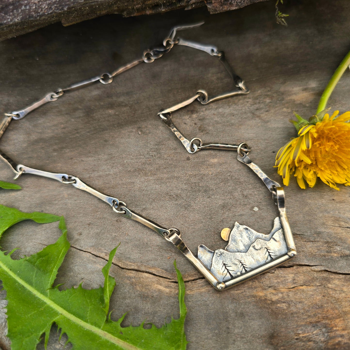 Mountain Scene Statement Necklace — Hand-Forged Sterling Silver & 10K Gold Masterwork