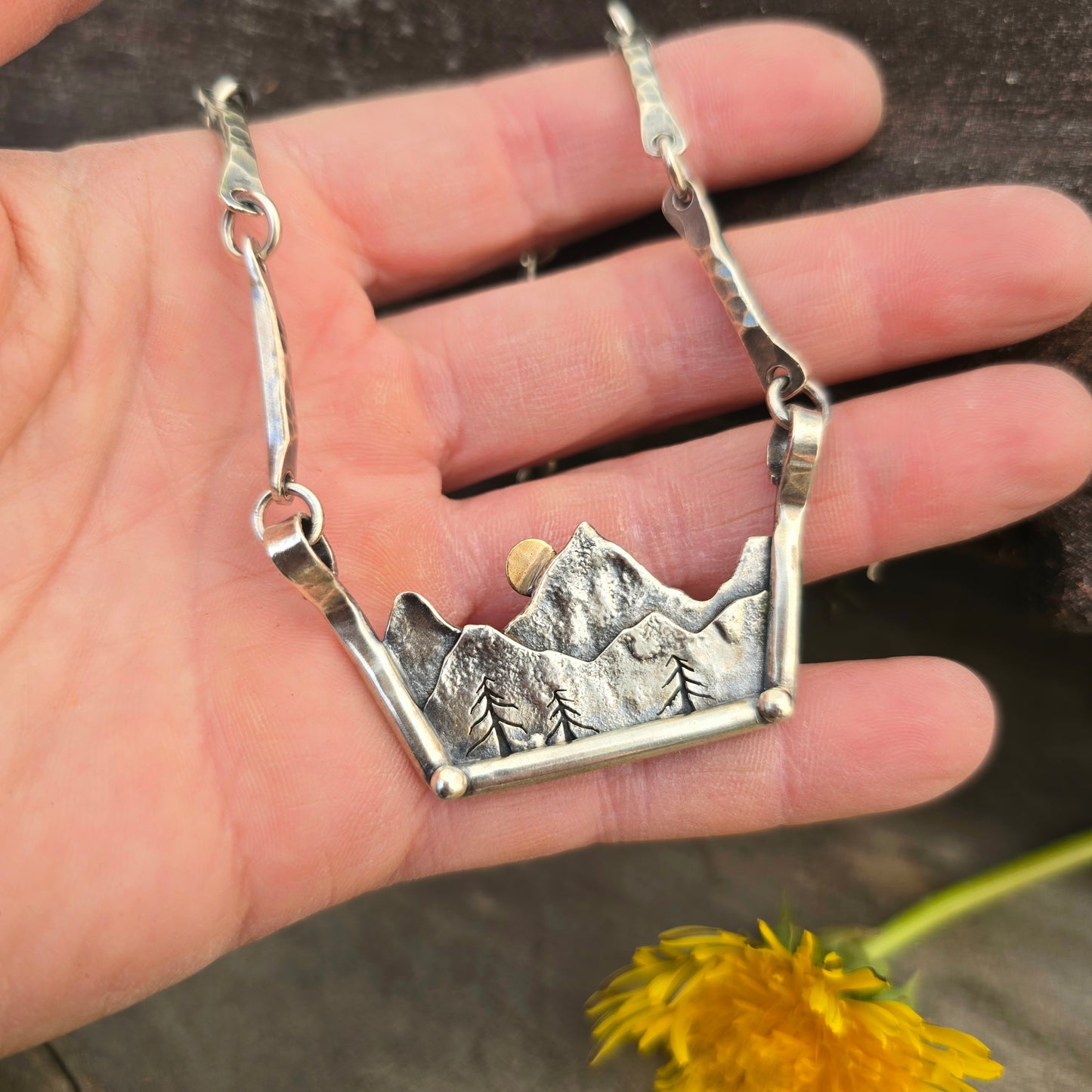 Mountain Scene Statement Necklace — Hand-Forged Sterling Silver & 10K Gold Masterwork