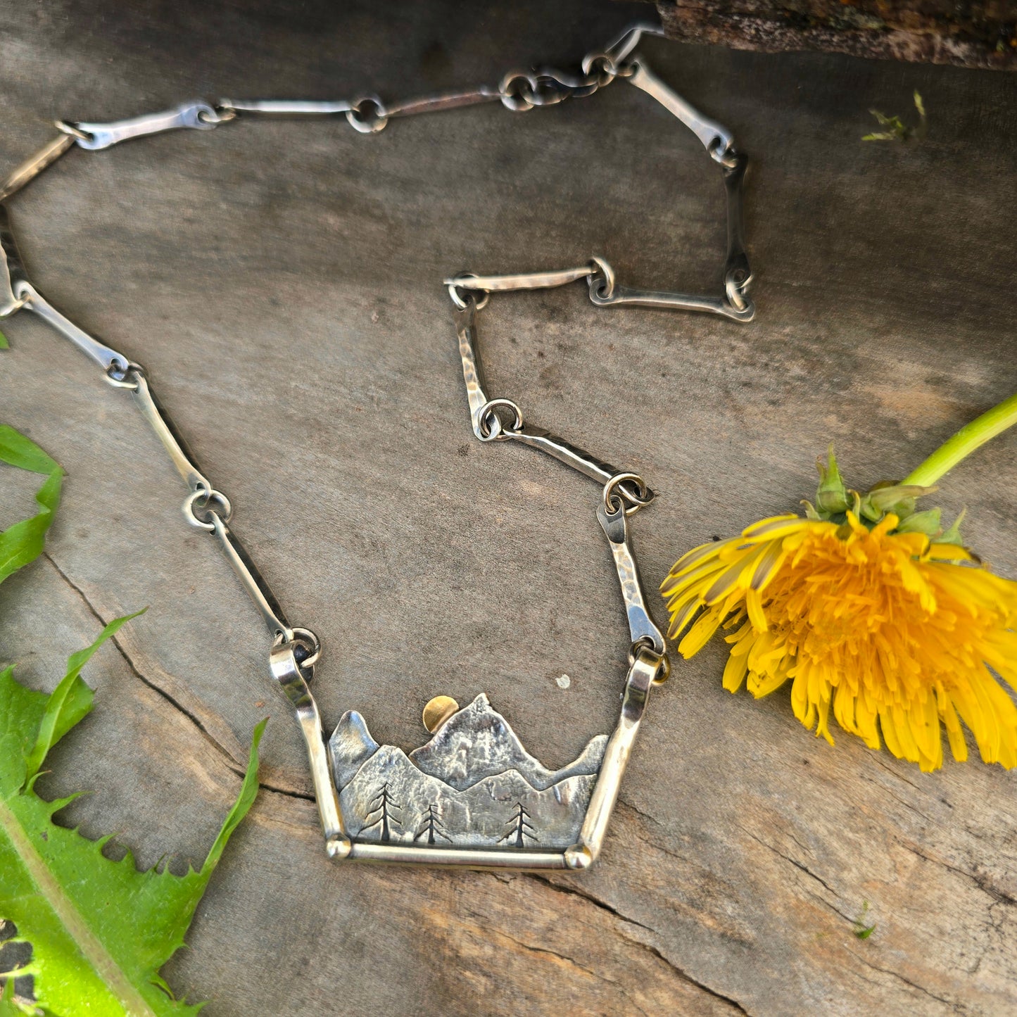 Mountain Scene Statement Necklace — Hand-Forged Sterling Silver & 10K Gold Masterwork