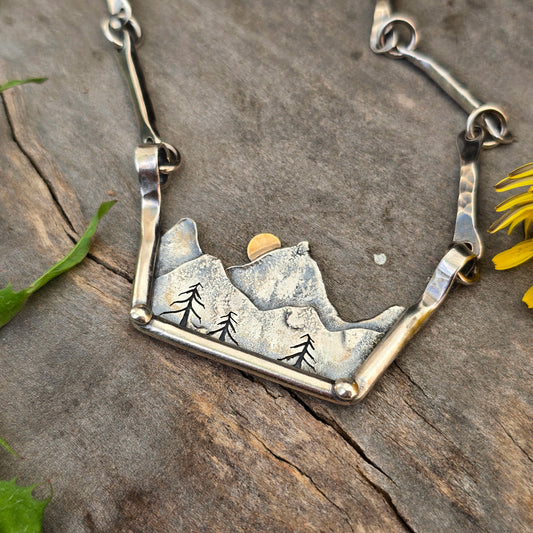 Mountain Scene Statement Necklace — Hand-Forged Sterling Silver & 10K Gold Masterwork