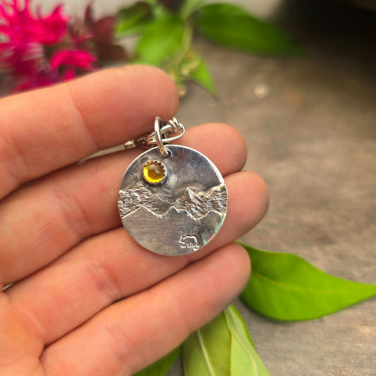 Wandering Bear Mountain Scene Hand-Forged Sterling Silver Pendant